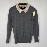 women Markus Lupfer Sequined Collar Merino Wool Gray Cream Sweater XS