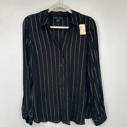 women Sanctuary Metallic Stripe Button Front Black Gold Silver Woven Top XS