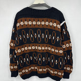 women Handknit Fair Isle Black Brown White Sweater XL