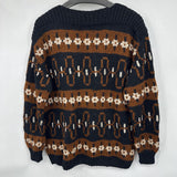 women Handknit Fair Isle Black Brown White Sweater XL