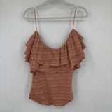 women Free People Heirloom Ruffle Top Doe Combo Knit Top M