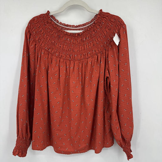 women Universal Thread Floral Long Sleeve Blouse Rust Woven Top M