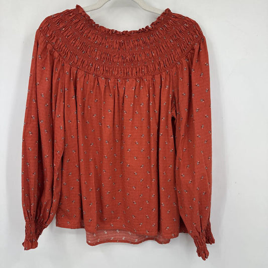 women Universal Thread Floral Long Sleeve Blouse Rust Woven Top M