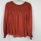 women Universal Thread Floral Long Sleeve Blouse Rust Woven Top M