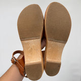 women Swedish Hasbeens Mary Jane Leather & Wood Clogs Cognac Brown Shoes 38/7.5