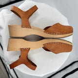 women Swedish Hasbeens Mary Jane Leather & Wood Clogs Cognac Brown Shoes 38/7.5