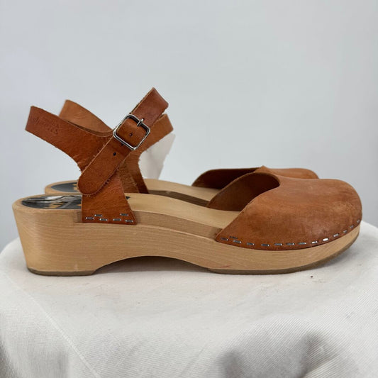 women Swedish Hasbeens Mary Jane Leather & Wood Clogs Cognac Brown Shoes 38/7.5
