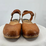 women Swedish Hasbeens Mary Jane Leather & Wood Clogs Cognac Brown Shoes 38/7.5