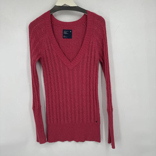women American Eagle Y2K Cable Knit V Neck Pink Sweater L