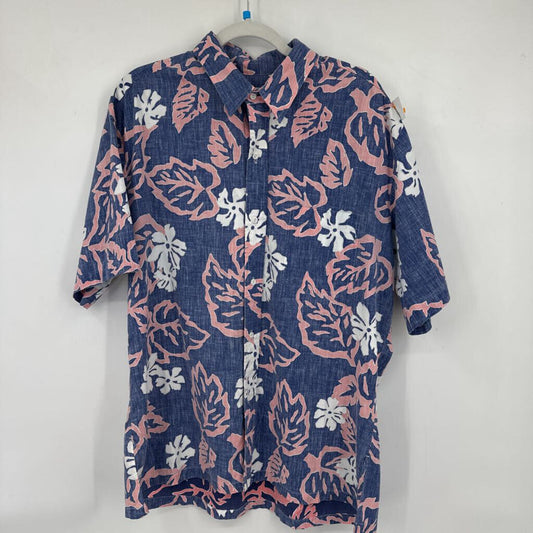 men RJC Vintage Hawaiian Button Front Blue Pink Woven Top XL