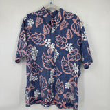 men RJC Vintage Hawaiian Button Front Blue Pink Woven Top XL