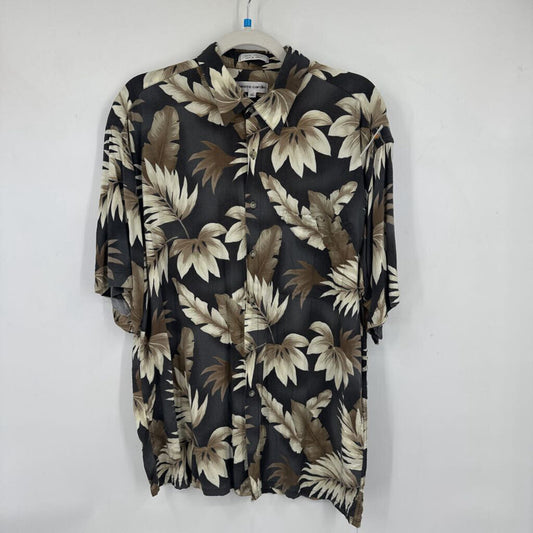 men Pierre Cardin Rayon Hawaiian Button Front Brown Cream Woven Top XL