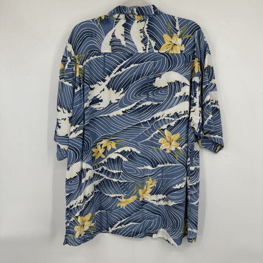 men Tommy Bahama Hawaiian Surf Button Front Blue Yellow White Woven Top L