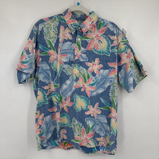 men Cooke Street Vintage Reverse Print 4 Button Pullover Blue Pink Green Woven Top XL