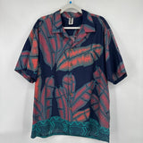 men Tutuvi Hand Screened Hawaiian Button Front Navy Blue Orange Green Woven Top XL