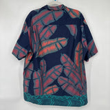 men Tutuvi Hand Screened Hawaiian Button Front Navy Blue Orange Green Woven Top XL