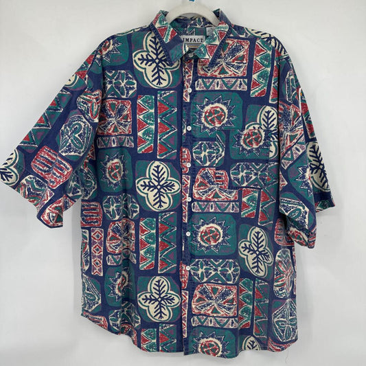 men Impact 90's Geometric Abstract Button Front Blue Green Red Woven Top XL