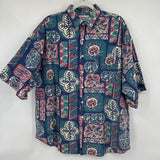 men Impact 90's Geometric Abstract Button Front Blue Green Red Woven Top XL