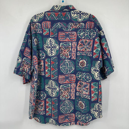 men Impact 90's Geometric Abstract Button Front Blue Green Red Woven Top XL