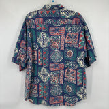 men Impact 90's Geometric Abstract Button Front Blue Green Red Woven Top XL