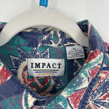 men Impact 90's Geometric Abstract Button Front Blue Green Red Woven Top XL