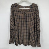 women Peace & Pearls Micro Plaid Blouse Black Brown Woven Top 3X
