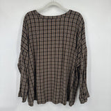 women Peace & Pearls Micro Plaid Blouse Black Brown Woven Top 3X