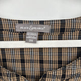 women Peace & Pearls Micro Plaid Blouse Black Brown Woven Top 3X