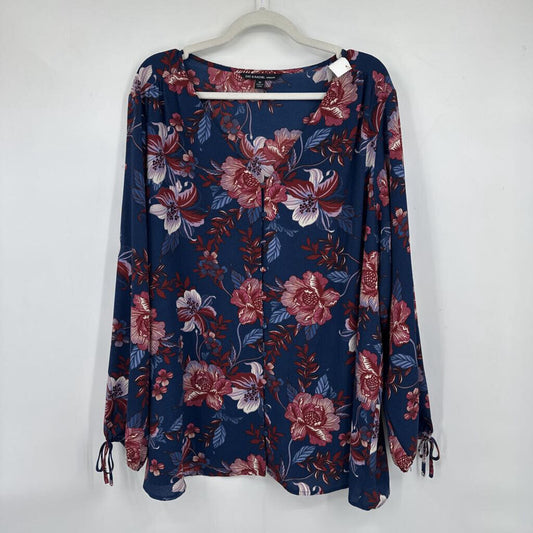 women Zac & Rachel Floral Tie Sleeve Blouse Navy Blue Purple Rust Woven Top 3X