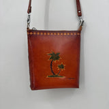 women Leather Palm Tree Hawaii Crossbody Cognac Green Purse 7"H x 6"W x 1.4" D