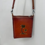 women Leather Palm Tree Hawaii Crossbody Cognac Green Purse 7"H x 6"W x 1.4" D