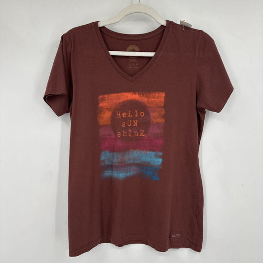 women Life is good V-Neck Graphic Tee Brown Multi Knit Top M
