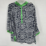 women Susan Graver Floral Blouse Navy Blue White Green Woven Top XL