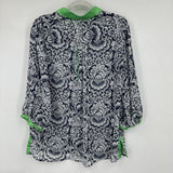 women Susan Graver Floral Blouse Navy Blue White Green Woven Top XL