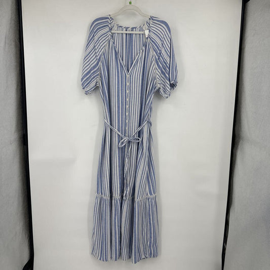 women Old Navy Linen Blend Striped Maxi Blue White Dress XLT