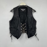 women Biker's Club Genuine Leather Vest with Rose Chain Closure Black Silver Jacket L