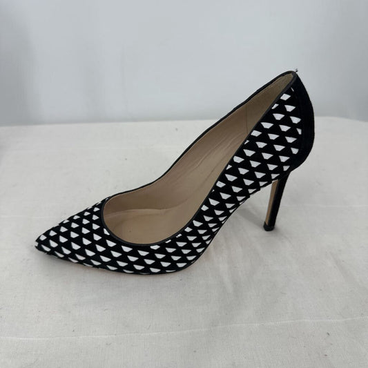 women L.K. Bennett Inferna Pointed Toe Geometric Woven Pumps Black & White Shoes 39.5