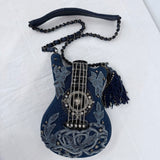 women Mary Frances NWT Metallic Melody Guitar Crossbody Bag Denim Blue Purse
