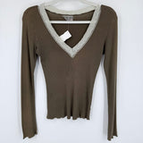women Michael Stars Lace Trim Long Sleeve Olive Green Knit Top OSFM
