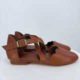 women Elf NEW Mangrove Cross-Strap Leather Ballet Flats Vintage Tan Shoes 7
