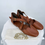 women Elf NEW Mangrove Cross-Strap Leather Ballet Flats Vintage Tan Shoes 7