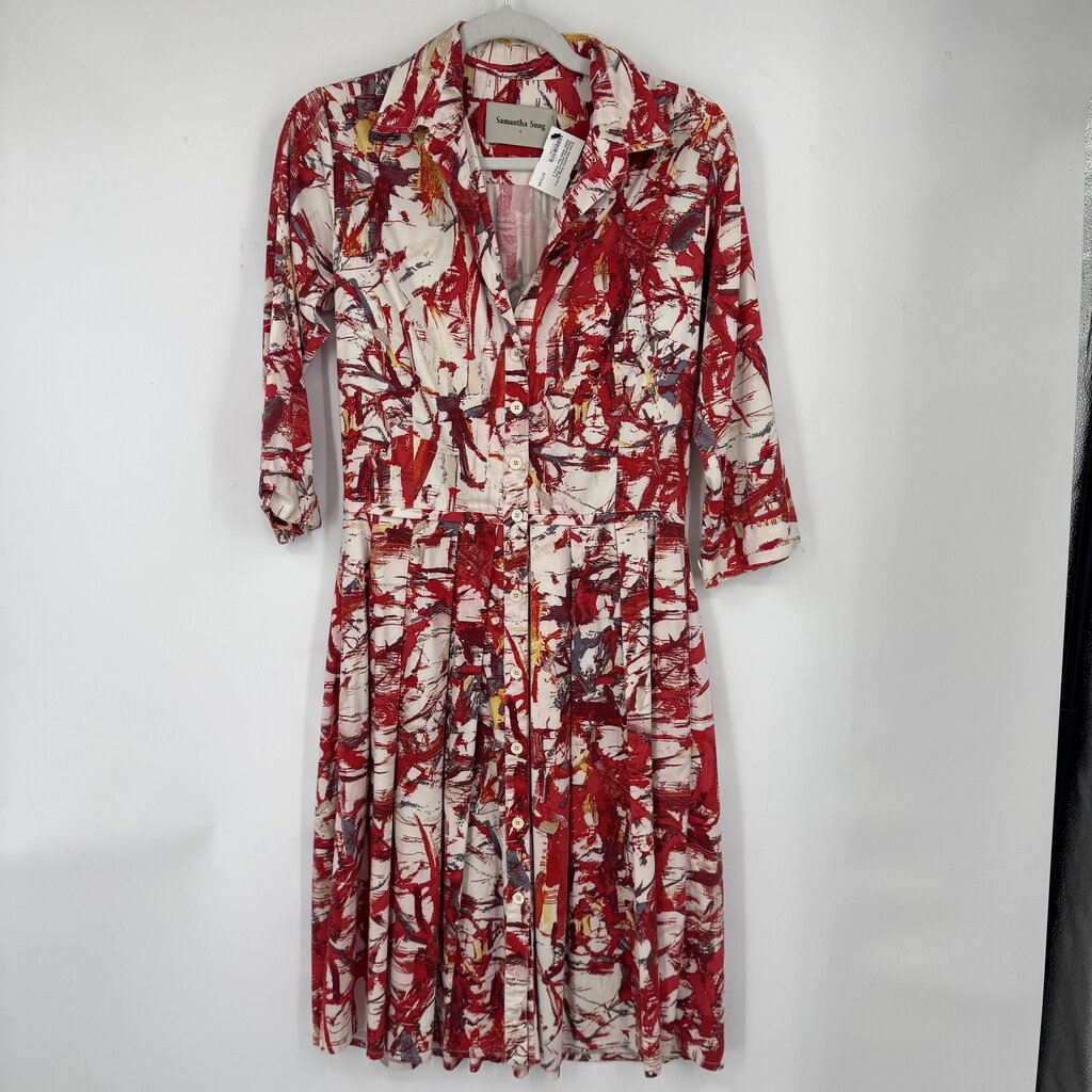 women Samantha Sung Audrey Shirtdress Abstract Print MSRP $1000 Red White Dress 4