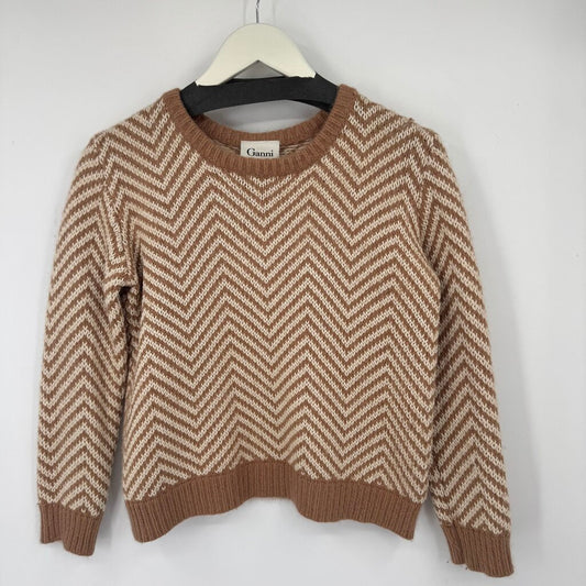 women Ganni - Anthro Candy Floss Chevron Wool Blend Brown Sweater XS