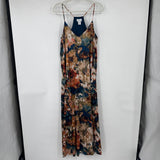 women Nicole Miller Floral Satin Maxi Blue Rose Multi Dress M
