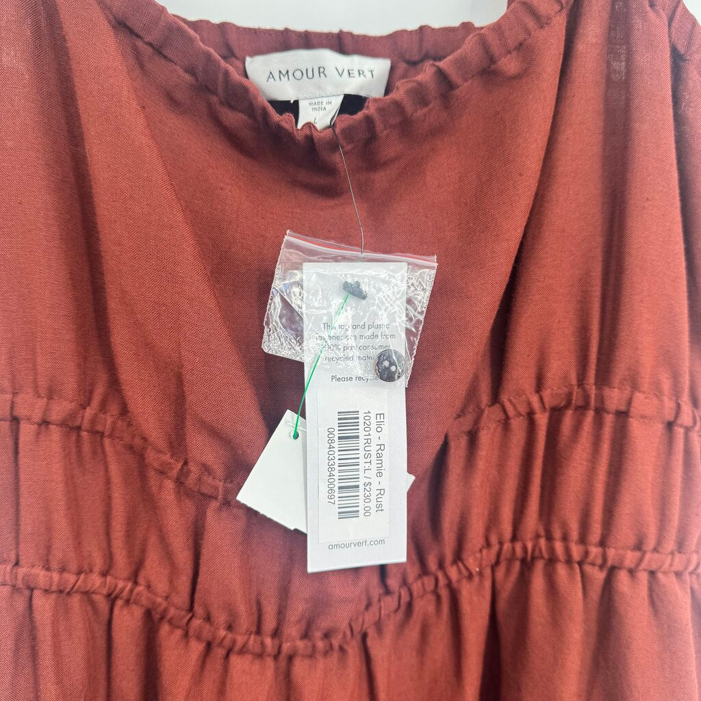 women Amour Vert NWT Elio Ramie Tiered Midi Rust Dress L