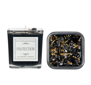 Protection Candle - Herb & Crystal Candle - Black Soy Candle: 7.5oz Square Glass