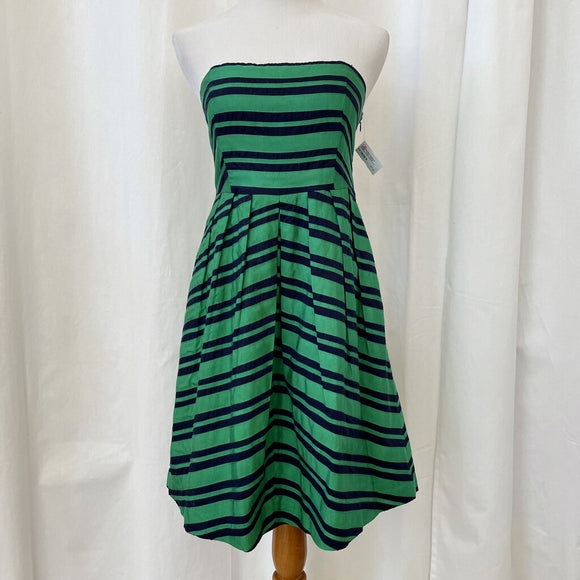 Moulinette Soeurs by Anthropologie Bright Green and Navy Striped Strapless Dress Size Small