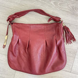 Cole Haan Rich Red Leather Pleated Shoulder Bag With Braided Accents