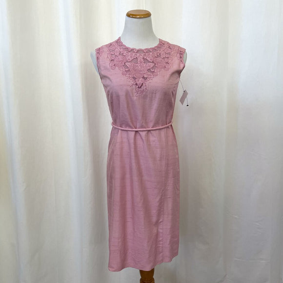 Vintage Pink Embroidered Shantung Silk A Line Dress Size S