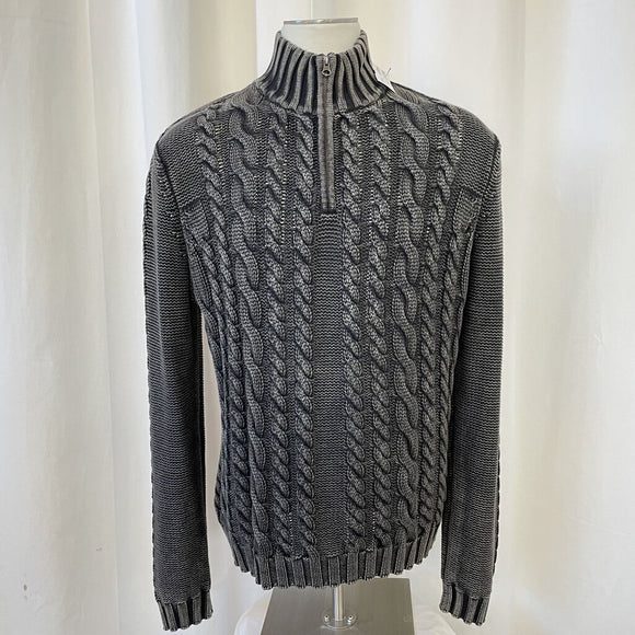Carbon 2 Cobalt Cable Knit Quarter Zip Gray and Black Cotton Sweater Men's Size L